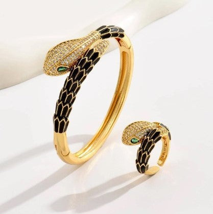 bague et bracelet 2 pièces ensemble en cuivre et zircone cubique, motif serpent