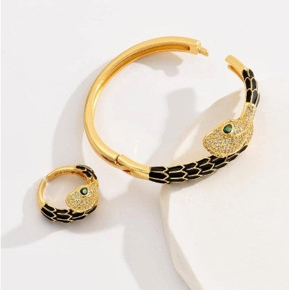 bague et bracelet 2 pièces ensemble en cuivre et zircone cubique, motif serpent